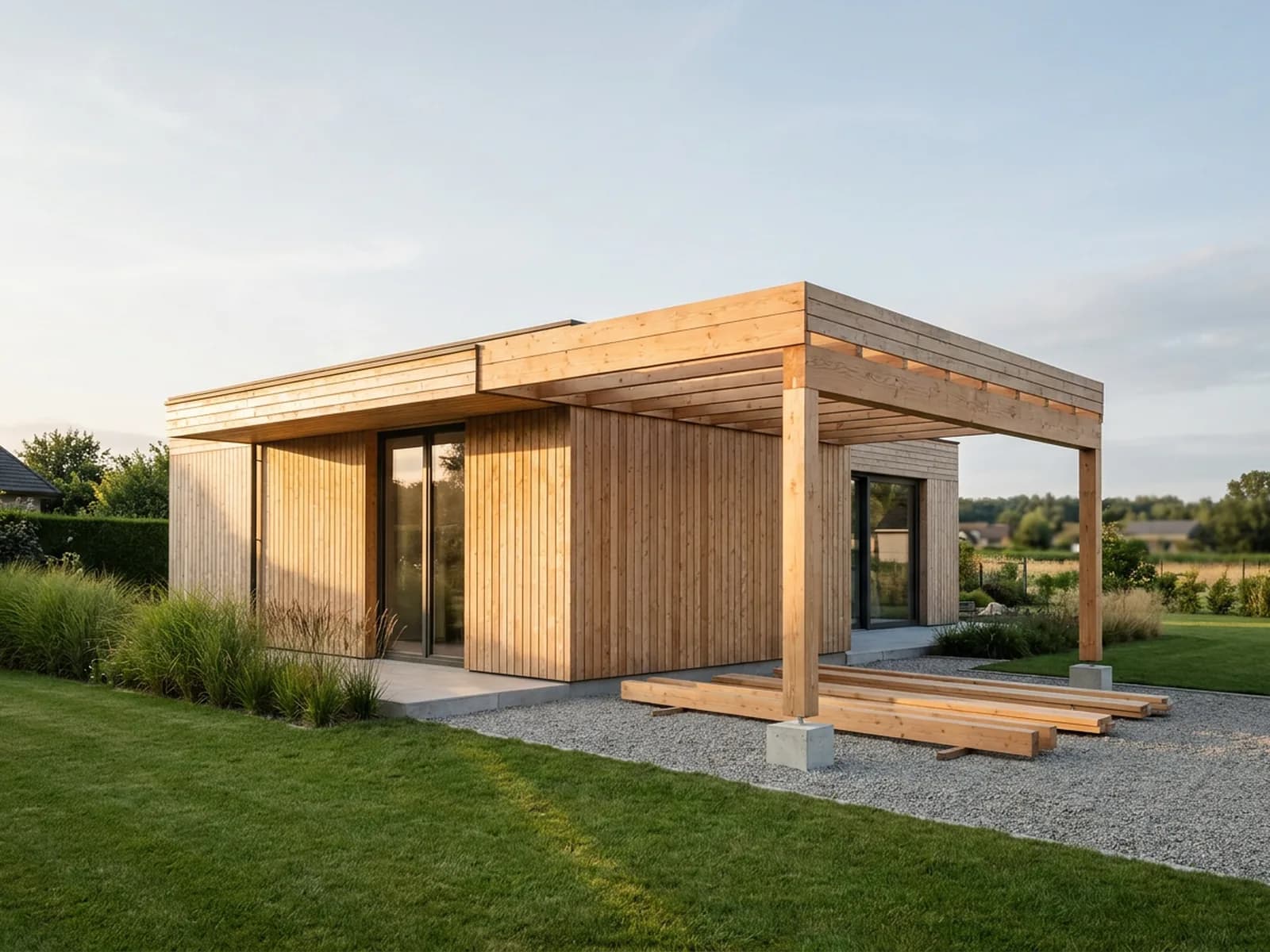 Carport bois deux places en ossature douglas, poteaux apparents, dans un jardin de pavillon