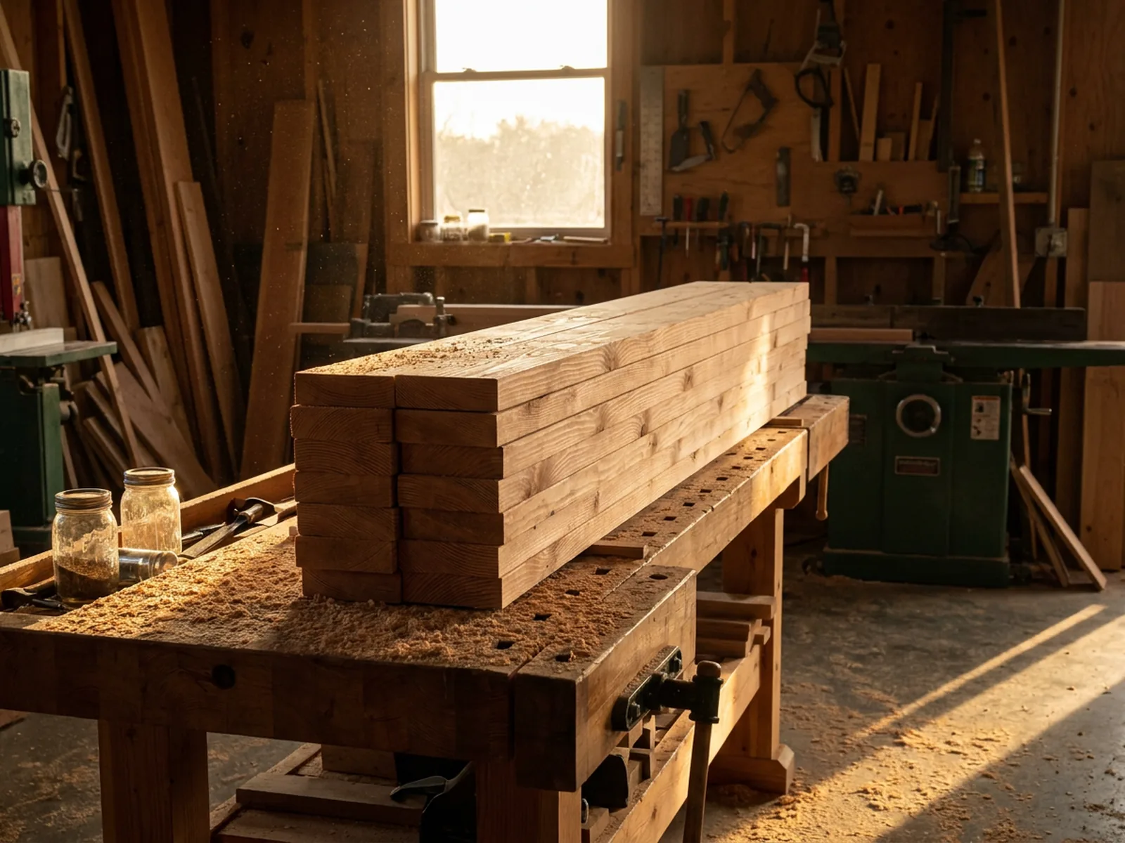 Atelier de charpente, debit de sections douglas au format, lumiere de fin de journee