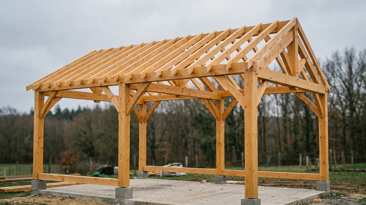 Ossature en poteaux douglas 140x140 avec chevrons 63x175 pour carport deux places 6 mètres de portée