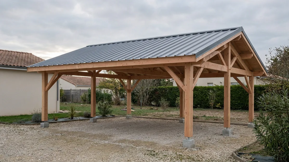 Carport ossature douglas deux places en cours de pose, poteaux 140x140, portée 6 mètres, bac acier nervuré