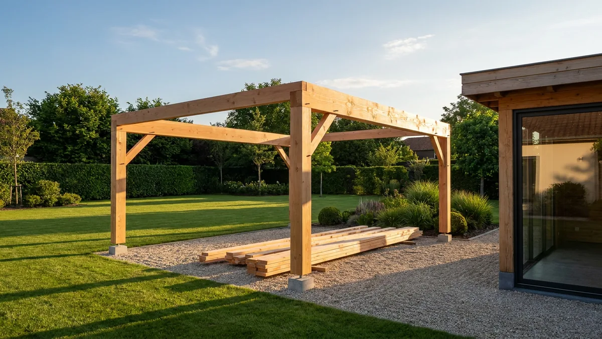 Ossature carport bois en douglas 140x140, poteaux en cours de levage sur plots béton, portée 6 mètres