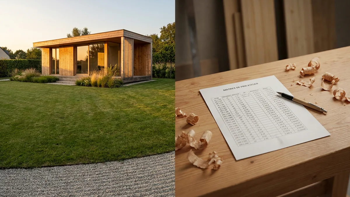 Document de matrice de prix carport bois sur mesure, trois configurations, postes détaillés par ligne, format A4 atelier