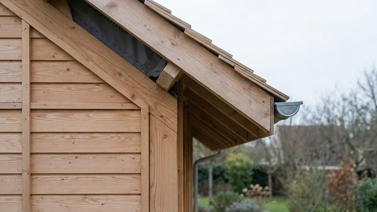 Studio de jardin en ossature bois de 19 m² avec bardage douglas, vue de trois quarts sur terrain plat