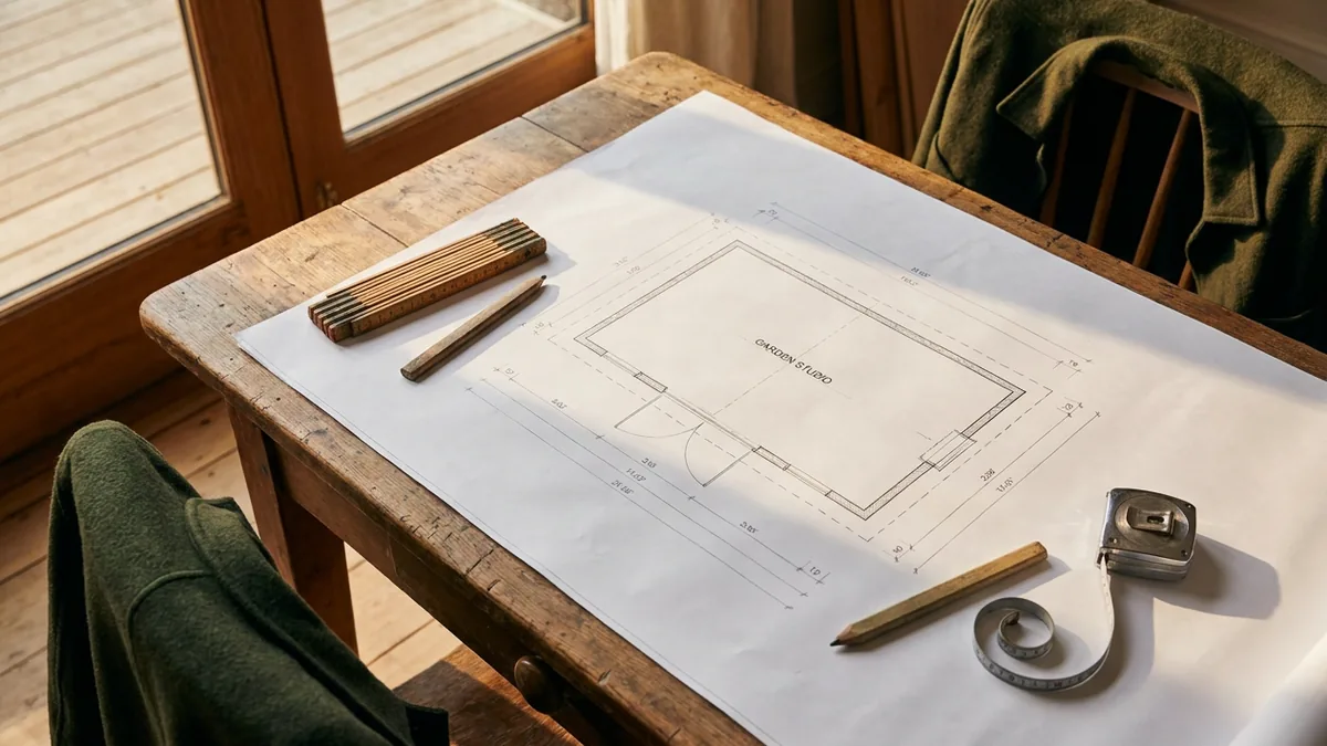 Plan coté d'un studio de jardin en ossature bois, vue de dessus avec dimensions 6 mètres sur 4 mètres et emplacement de la porte et des fenêtres indiqués