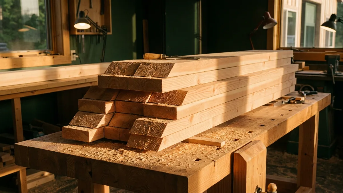 Débit de chevrons douglas 63×175 au format en atelier, prêts pour un carport deux voitures