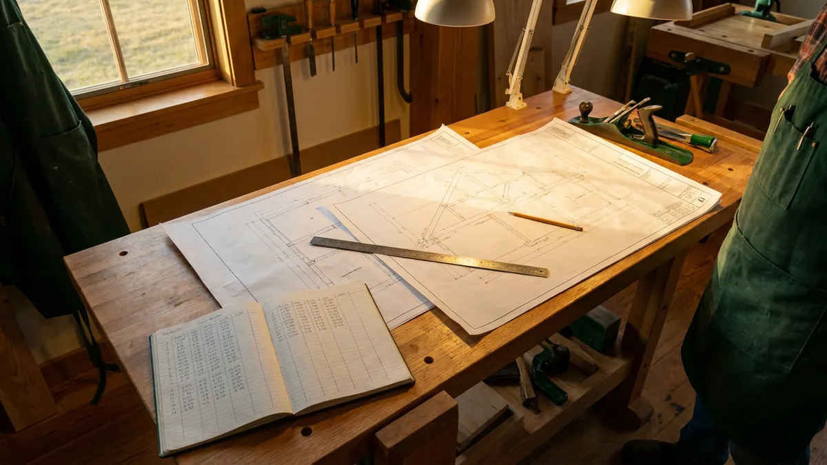 Poste de chiffrage avec plans dépliés et tableau de coûts par poste, atelier de charpente bois